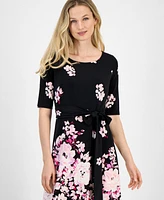 Kasper Women's Floral Belted Elbow-Sleeve Fit & Flare Dress, Regular and Petite Sizes