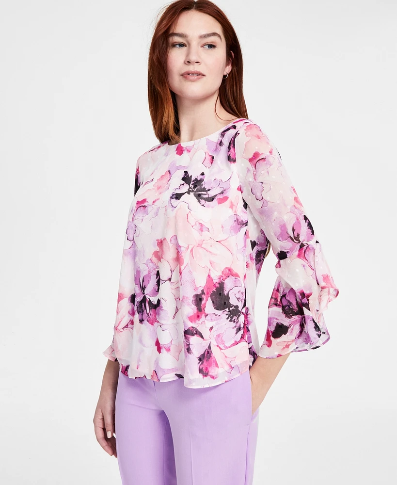 Kasper Women's Floral Ruffled Bell-Sleeve Top, Regular & Petite