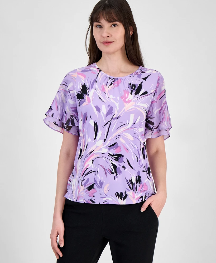 Kasper Women's Printed Flutter-Sleeve Blouse