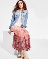 Liverpool Los Angeles Womens Frayed Trucker Jacket Knit Top Maxi Skirt