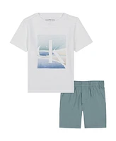 Calvin Klein Toddler and Little Boys Scenic Logo Short Sleeve Tee Twill Shorts, 2-Piece Set