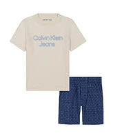 Calvin Klein Toddler and Little Boys Short Sleeve Logo Tee Printed Twill Shorts, 2-Piece Set