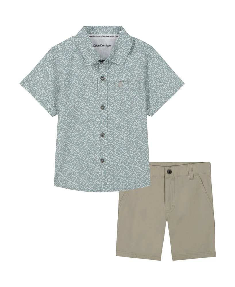 Calvin Klein Toddler and Little Boys Printed Poplin Short Sleeve Shirt Twill Shorts, 2-Piece Set