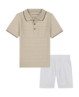 Calvin Klein Toddler and Little Boys Tipped Herringbone Dobby Polo Shirt Twill Shorts, 2-Piece Set