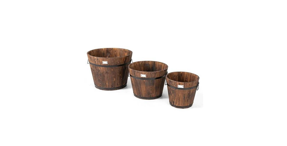 Slickblue Set of 3 Outdoor Wooden Barrel Planter Pots with Handles