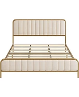 Slickblue Gold Metal Platform Bed Frame with Off-White Upholstered Headboard