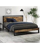 Slickblue Metal Wood Platform Bed Frame with Industrial Headboard