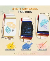 Qaba 3 in 1 Easel for Kids with Paper Roll, Whiteboard, Chalkboard