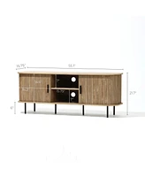 LuxenHome Mid-Century Modern 2-Door 55.1-Inch Wide Tv Console with Slatted Slidng Doors