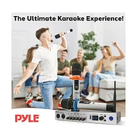 Pyle Uhf 2-Channel Wireless Handheld Microphone System with Bluetooth Receiver, Portable Digital Audio Sound Mixer, White