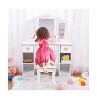 gaomon Kids 3 Drawer Wooden Dressing Table Round Mirror with Lights Stool