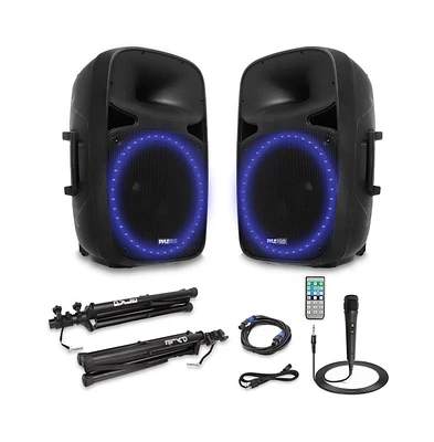 Pyle 15" Active & Passive Pa Speaker Combo System with Bluetooth, Led Lights & Remote Control