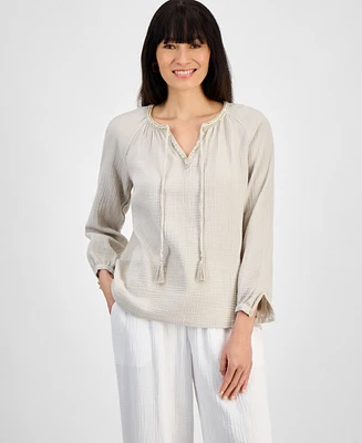 Jm Collection Women's Cotton Gauze Split-Neck Beaded Top, Exclusively at Macy's