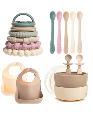 Sperric Toddler Silicone Essentials Set – Stacking Toy, Feeding Bibs, Suction Bowls with Spoons & First-Stage Spoons – Bpa-Free, Safe To