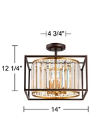 Possini Euro Design Milne 14" Modern Semi Flush-Mount Ceiling Light Fixture Kitchen Foyer Hallway Round 4-Light Brown Bronze and Brass Finish Crystal