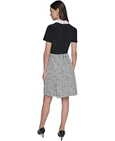 Karl Lagerfeld Paris Women's Collared Mixed-Media A-Line Dress