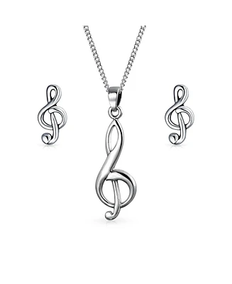 Bling Jewelry Simple Classic Singer Musician Teacher Student Treble Clef Music Note Earrings Stud & Pendant Necklace For Women .925 Sterling Silver Je