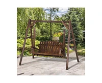 Slickblue Farmhouse Log A-Frame 2-Seat Wooden Swing Bench for Outdoor Relaxation and Patio Decor