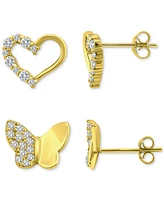 Giani Bernini Cubic Zirconia Heart & Butterfly 2-Pc. Set Stud Earrings (1 ct. t.w.) 18k Gold over Sterling Silver, Exclusively at Macy's