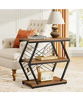 Tribesigns End Table, Industrial Side Table with 3 Storage Shelves, Wood Sofa Geometric Metal Frame, Bedside for Living Room, Be