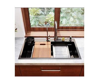 DeerValley 32" x 18" Drop-in Single Bowl 304 Stainless Steel Polished Black Kitchen Sink Workstation with Accessories