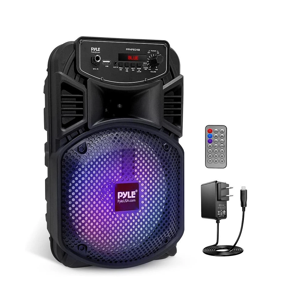 Pyle 8” Bluetooth Portable Pa Speaker with Built-in Rechargeable Battery, Flashing Party Lights, MP3/Usb/Fm Radio