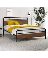 Slickblue Industrial Metal and Wood Platform Bed Frame with Headboard and Footboard for Modern Bedrooms