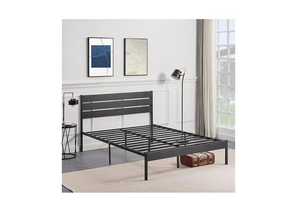 Slickblue Industrial Platform Bed Frame with Wood Slatted Headboard for Modern Bedroom Decor