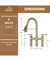 Casainc 2-Handle Bridge Kitchen Faucet with Three Function Pull-Down Sprayhead 1.8 Gpm