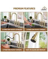 Casainc 2-Handle Bridge Kitchen Faucet with Three Function Pull-Down Sprayhead 1.8 Gpm