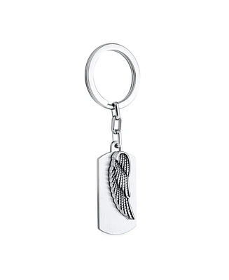 Bling Jewelry Guardian Angel Wing Feather Dog Tag Keychain Key Ring Holder Men Women Oxidized Stainless Steel