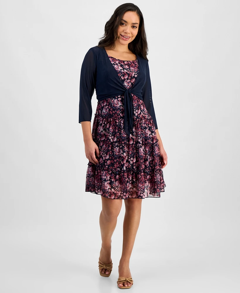 Connected Petite Tie Jacket & Tiered Ruffle-Trim Dress