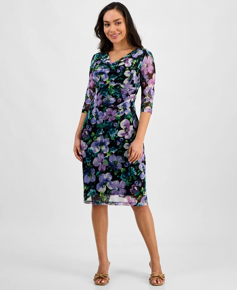 Connected Petite Printed Mesh 3/4-Sleeve Sheath Dress