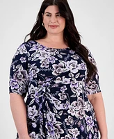 Connected Plus Size Printed Short-Sleeve Faux-Wrap Sheath Dress