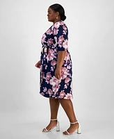 Connected Plus Size Printed Blouson-Sleeve Faux-Wrap Midi Dress