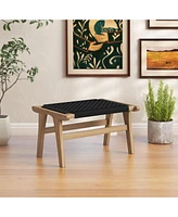Gouun Indoor Outdoor Ottoman Footstool Teak Wooden Foot Rest with Handwoven Cordage