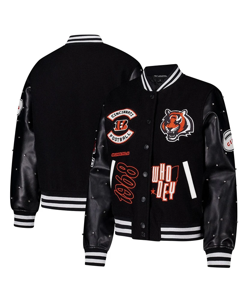 The Wild Collective Women's Black Cincinnati Bengals Varsity Full-Snap Sparkle Jacket