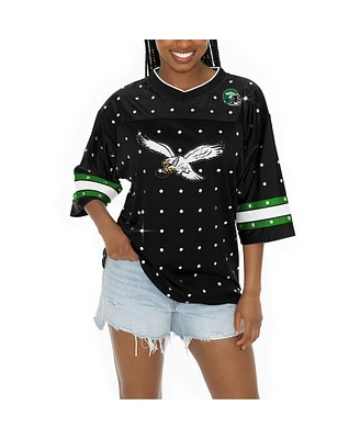 Gameday Couture Women's Black Philadelphia Eagles Kickoff Time Allover Rhinestone Sports Stripe Jersey V-Neck T-Shirt