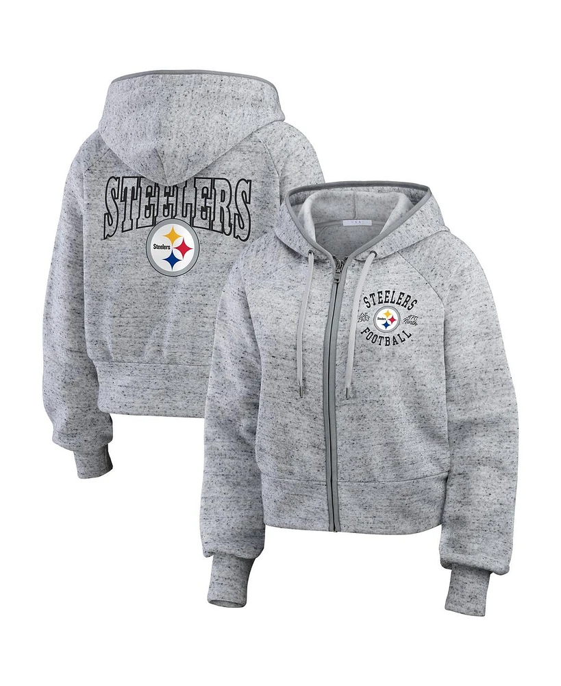 Wear by Erin Andrews Women's Heather Gray Pittsburgh Steelers Speckled Fleece Cropped Full-Zip Hoodie