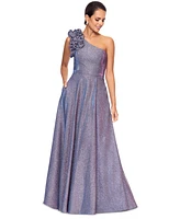 Xscape Petite One-Shoulder Ruffled Glitter Gown