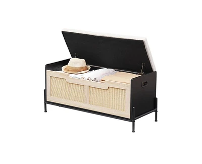 gaomon Rattan Storage Bench with 2 Safety Hinges, Storage Chest, Toy Box, Entryway Storage Bench Supports 260 lb, Toy Chest Organizer, Easy Assembly