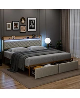 gaomon Bed Frame with Headboard and 2 Drawers, Metal Platform with Usb Ports and Outlets