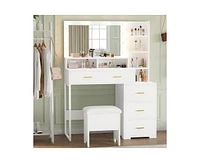 gaomon Vanity Desk, Makeup Vanity Table with Mirror & 9 Led Light Bulbs, 4 Large Drawers and 3 Tiers of Open Shelves for Bedroom