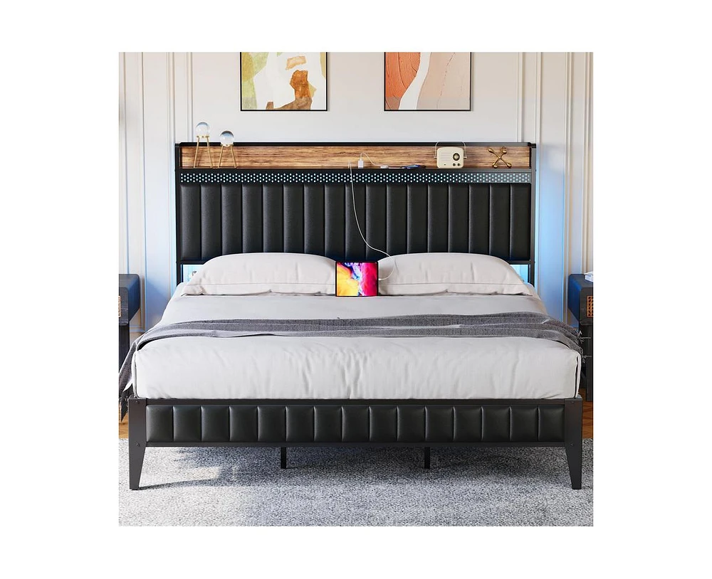 gaomon King Bed Frame with Charging Station, Led Bed Frame with Storage Headboard, Upholstered Platform Bed Frame, No Box Spring Needed