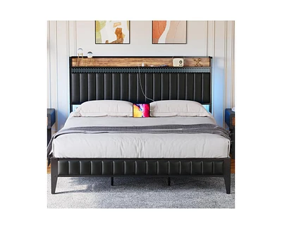 gaomon King Bed Frame with Charging Station, Led Bed Frame with Storage Headboard, Upholstered Platform Bed Frame, No Box Spring Needed