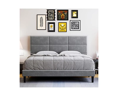 gaomon King Size Velvet Bed Frame with Headboard, Modern Upholstered Platform Bed, Mirror Stainless Steel Decoration, Wooden Slats Support, No Box Spr