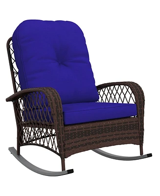 Outsunny Outdoor Wicker Rocking Chair Wide Cushion, Steel Frame