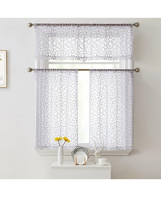 Hlc.me Audrey Embroidered Sheer Voile 3-Piece Kitchen Curtain Cafe Valance and Tiers