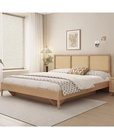 LuxenHome Natural Finish Rubberwood with Rattan Panels Headboard