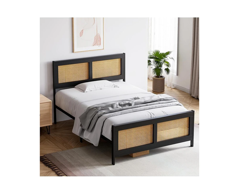 gaomon Full Size Bed Frame with Rattan Headboard and Footboard, Black Rattan Platform Bed Frame Full Size, Noise-Free, Mattress Foundation